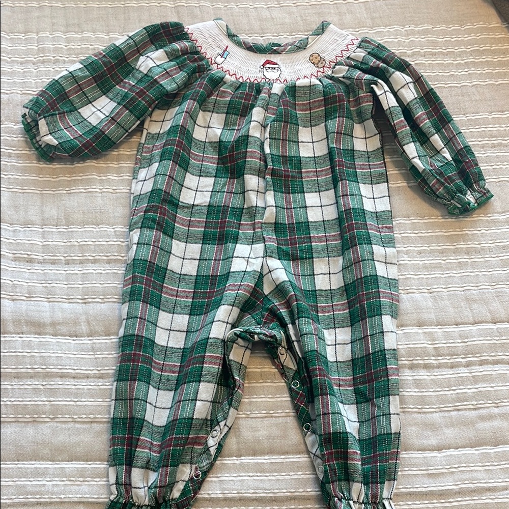 Plaid Baby Romper with Santa Embroidery